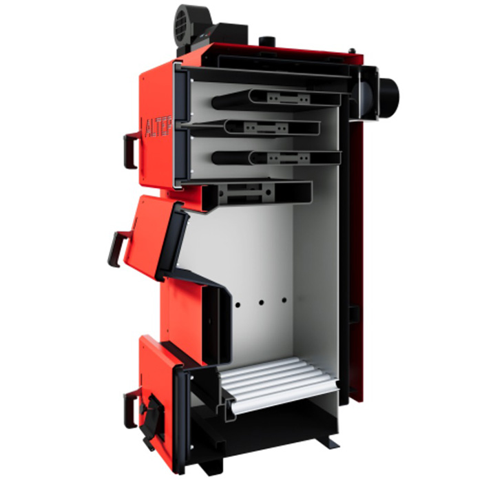 Разрез твердотопливного котла ALTEP DUO 15–250 кВт с камерой сгорания, теплообменником и системой подачи воздуха